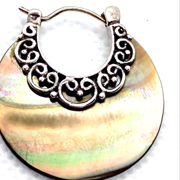 Vtg Sterling 925 Merva Bell M.O.P Hoop Earrings - Picture 2 of 4